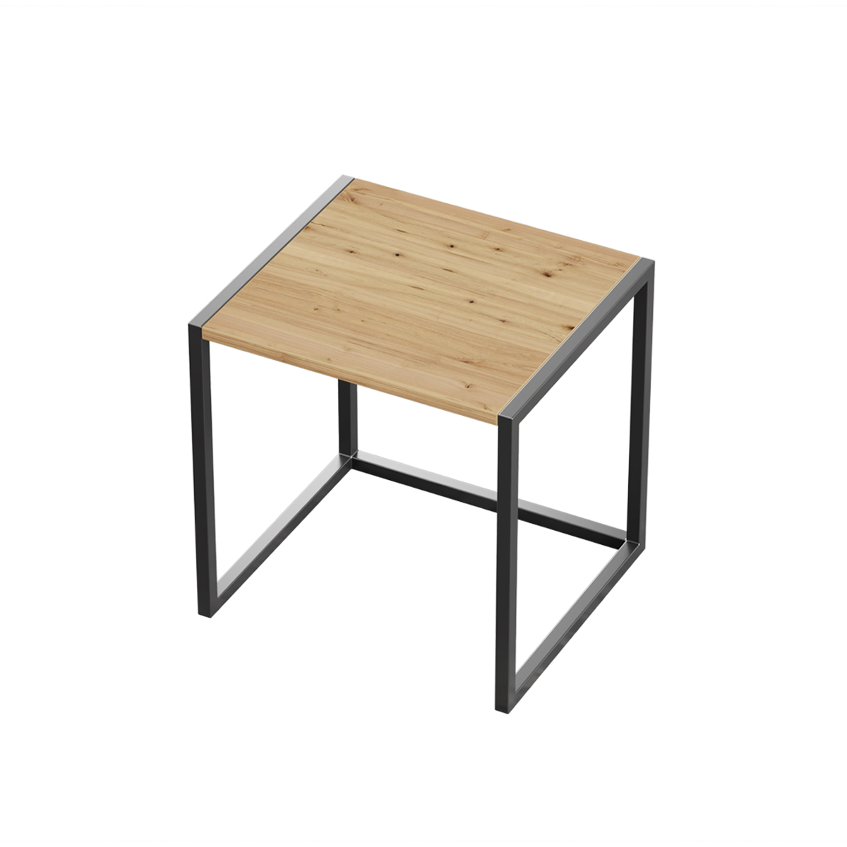 Minimalistický nočný stolík s drevenou doskou a čiernou kovovou konštrukciou.