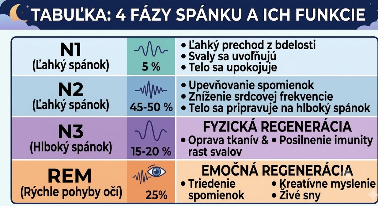 Tabuľka zobrazujúca funkcie jednotlivých fáz spánku vrátane ľahkého, hlbokého a REM spánku.